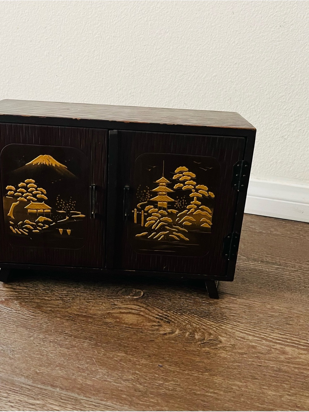 Vintage Wooden Jewelry Box with Gold Scenic Inlay Japanese